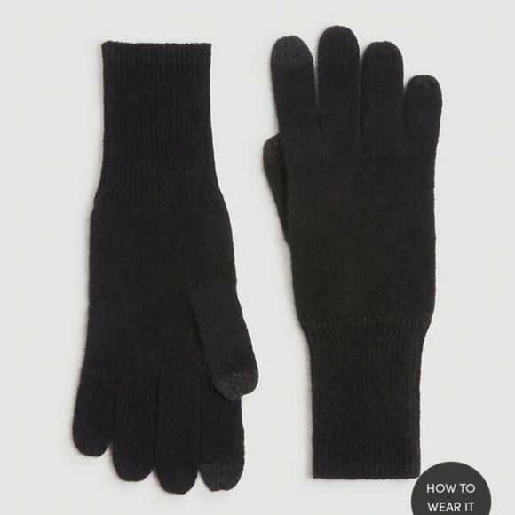 LOFT 100% Cashmere Ribbed Gloves in Black Winter Luxury Warm Snow Cozy